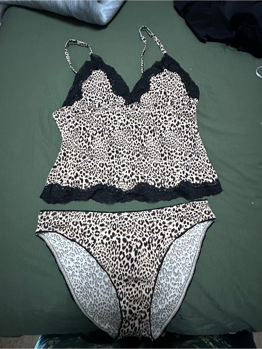 VS Leopard Print Lace-Trim Cami & Brief Set - Black/Nude NWOT